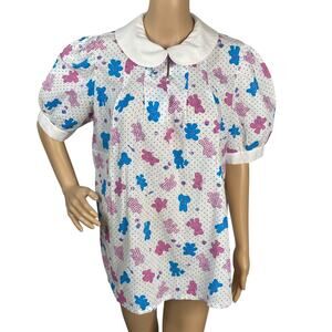 Vtg White Blue Pink Teddy Bear Collared Babydoll Puff Sleeve Tunic Top SZ 14